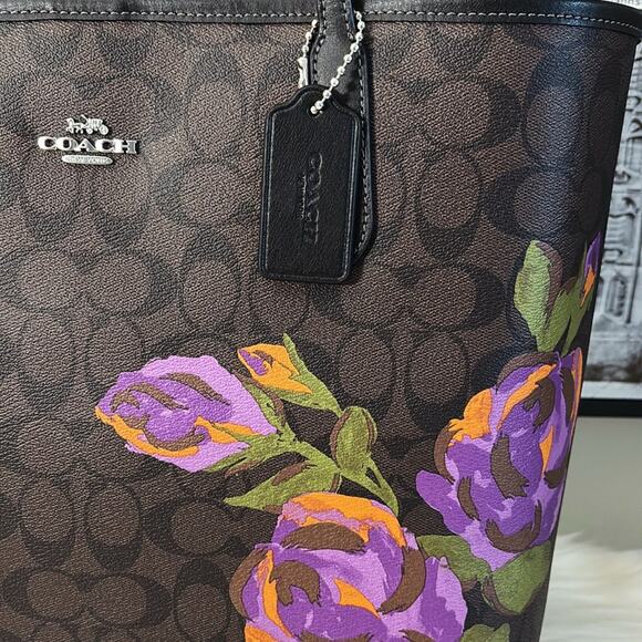 NWT COACH CITY TOTE IN SIGNATURE CANVAS WITH ROSE PRINT - Picture 4 of 10